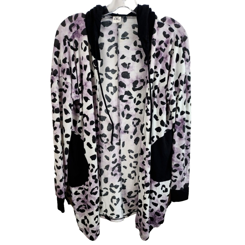 Sew In Love BOHO Hooded Cardigan Womens Small Purple Leopard Print Open Casual